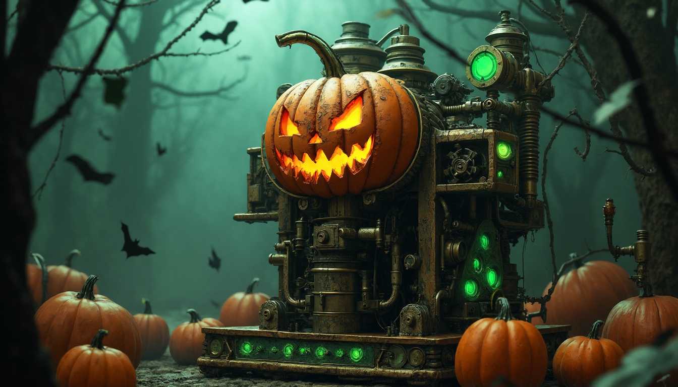 masterpiece, best quality, highres, sharp image, more detail, masterpiece, best quality, highres, sharp image, more detail <lora:more_details:0.5> <lora:SDXLrender_v2.0:1>Create a Halloweenthemed scene with a focus on a steampunkstyle coffee machine. The machine should have glowing green lights and mechanical parts, with a large jackolantern head as the main feature. The pumpkin head should have a sinister grin and be emitting a warm, inviting light. Steam or smoke should be rising from the spout of the coffee machine, where it is pouring into a black mug. The mug should be placed on a circular platform with a green light, which is part of the coffee machine. The background should be dark with mist and scattered pumpkins, bats, and cobwebs to create a spooky atmosphere. The color palette should be rich with blacks, greens, and oranges, with highlights of warm light tones. The overall mood should be mysterious and whimsical, blending the macabre with the comforting ritual of making coffee.behind the coffee machine is a smached hole in the wall, light an cratures are coming in from an eerie world, they have glowing eyes, 