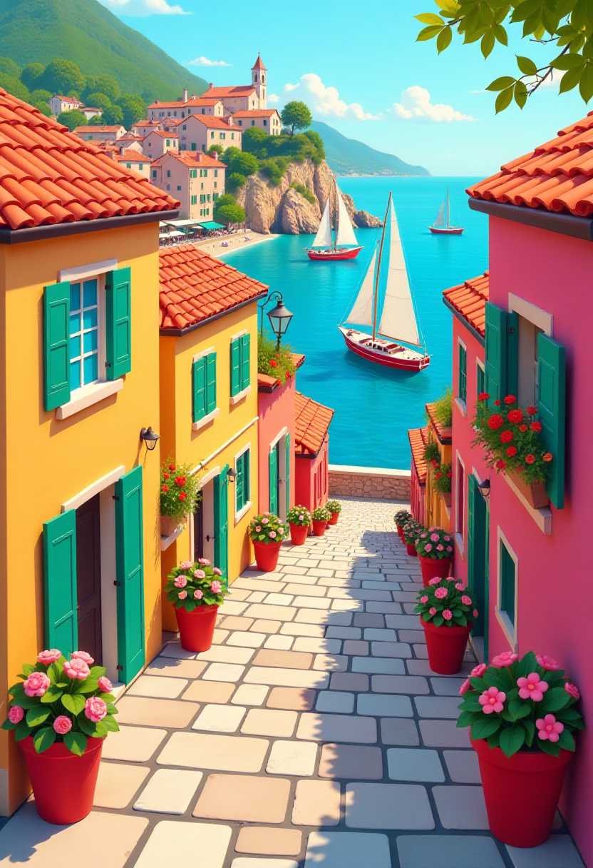 This image features simplified 3d characters and scenery that appears to be painted wooden figures or puppets without strings characterized by bold outlines, flat colors, and exaggerated shapes. This image is a vibrant and colorful illustration of a picturesque harbor scene. The use of bright, saturated colors enhances the visual appeal and gives the scene a lively, summery feel.The colors in the image are rich and varied, with a predominance of blues, yellows, oranges, and pinks. These colors create a warm, inviting atmosphere and draw the eye through the composition. The blues of the sky and water provide a calming contrast to the warmer tones of the buildings and foliage.The objects in the image are numerous and varied. In the foreground, there are a series of colorful buildings with terracotta roofs, painted in shades of pink, yellow, and orange. The buildings are adorned with green shutters and windows, and some feature flowers and laundry hanging outside, adding to the charm of the scene.In the middle ground, a flight of stairs leads the eye downward, flanked by planters bursting with pink, red, and yellow flowers. The stairs appear to be made of stone, with each step outlined in black, providing a stark contrast to the surrounding colors.The background of the image features a picturesque harbor with several boats, including sailboats with white sails and a larger passenger ship with red and white stripes. The harbor is surrounded by a hillside dotted with more colorful buildings, and the top of the hill is crowned with a church or similar structure, adding to the idyllic setting.Overall, the image exudes a sense of joy and leisure, capturing the essence of a sunny day by the sea. The use of color, form, and composition work together to create a dynamic and engaging visual experience.