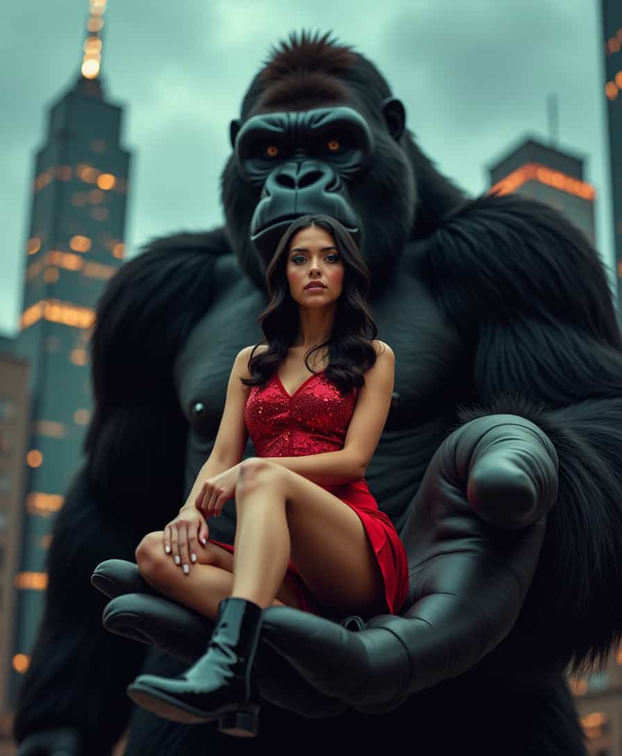 In a mesmerizing blend of surreal fantasy and high fashion, the photograph captures a 21-year-old cheerleader seated gracefully in the massive palm of a giant King Kong. Her pose is one of poised elegance, as she sits with her legs crossed, one arm resting casually on her knee while the other is extended outward, fingers splayed in a gesture of carefree confidence. Her attire is a striking ensemble of a red sequined cheerleader uniform, the vibrant hue contrasting sharply against the dark, textured surface of King Kong's hand. The form-fitting top accentuates her slender frame, while the short pleated skirt adds a playful touch to her sophisticated demeanor. Her raven-black hair is styled in sleek waves that cascade down her back, framing her delicate features and highlighting her emerald green eyes, accentuated by a smoky eye makeup that adds a touch of drama. Her feet are adorned with black patent leather ankle boots, their glossy finish catching the light and adding a modern edge to her look.

The backdrop is a fantastical cityscape, with towering skyscrapers silhouetted against a twilight sky, their windows aglow with the warm light of evening. The lighting is a harmonious blend of natural twilight and the soft glow of city lights, casting a gentle illumination over the scene that enhances the ethereal quality of the composition. The interplay of light and shadow creates a dreamlike atmosphere, adding depth and dimension to the fantastical elements of the photograph.

Technical photographic details include the use of a telephoto lens to capture the intimate details of the cheerleader's expression and attire, while maintaining the grandeur of King Kong's presence. The depth of field is expertly managed, with a sharp focus on the central figures and a soft, diffused background that emphasizes the surreal nature of the scene. The image is of exceptional clarity, with every detail meticulously rendered, from the texture of King Kong's fur to the shimmer of the sequins on the cheerleader's uniform, creating a vivid and immersive portrayal that captivates the viewer's imagination.