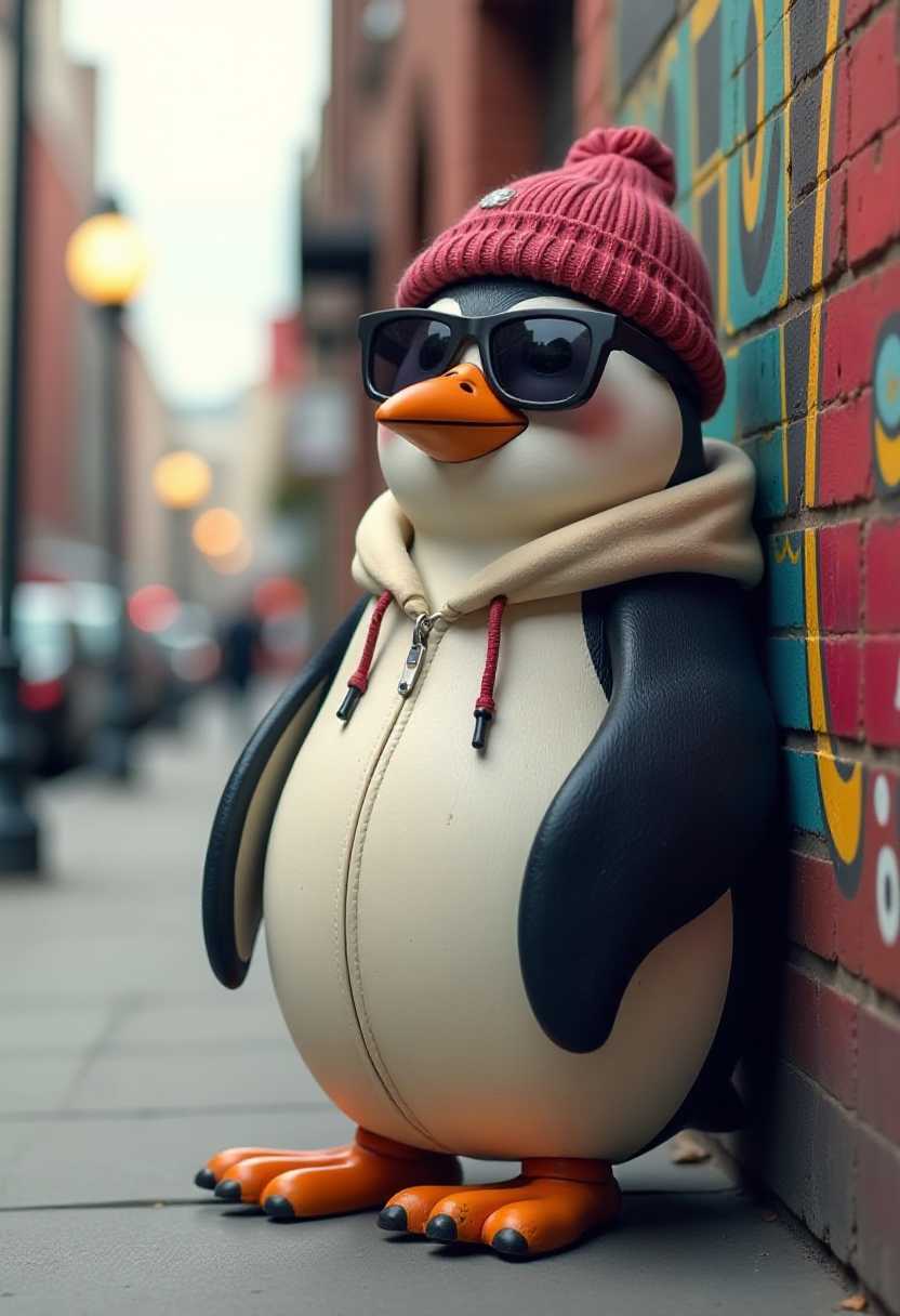 This image features simplified 3d characters and scenery that appears to be painted wooden figures or puppets without strings characterized by bold outlines, flat colors, and exaggerated shapes depicting a cool urban-style penguin. The penguin is wearing sunglasses, a beanie, and a hoodie. The penguin is leaning against a wall with graffiti. The background is a city street with lamps.