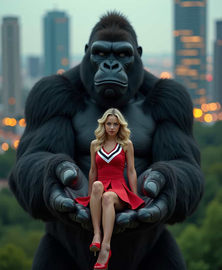 In a mesmerizing fusion of surreal fantasy and high fashion, the photograph captures a diminutive 21-year-old cheerleader seated with poised elegance in the massive palm of a giant King Kong. Her pose is a study in delicate grace, as she sits with her legs elegantly crossed, her petite frame highlighted by the sheer scale of the creature's hand. Her attire is a quintessential cheerleader uniform, a vibrant red and white ensemble that clings to her lithe form. The fitted top features a classic V-neckline and bold stripes, perfectly complementing the flared pleated skirt that adds a dynamic element to her poised stance. Her golden blonde hair cascades in soft curls around her shoulders, framing her face and accentuating her bright blue eyes, which are enhanced by a subtle yet striking makeup palette. Her feet are adorned with red high-heeled shoes, their sleek design adding a touch of sophistication and elongating her silhouette.

The backdrop is a fantastical urban landscape, where towering skyscrapers meet lush greenery, creating a dreamlike setting that blurs the boundaries between nature and civilization. The lighting is a harmonious blend of the soft glow of twilight and the vibrant lights of the city, casting a warm, ethereal illumination over the scene. This interplay of natural and artificial lighting enhances the fantastical elements, creating an atmosphere that is both enchanting and otherworldly.

Technical photographic details include the use of a wide-angle lens to capture the grandeur of King Kong and the delicate figure of the cheerleader in a single frame. The depth of field is expertly managed, with a gentle bokeh effect that blurs the background, focusing the viewer's attention on the central figures. The image is of high resolution, with every detail meticulously rendered, from the texture of King Kong's fur to the crisp lines of the cheerleader's uniform, creating a vivid and immersive portrayal that captivates the viewer's imagination.