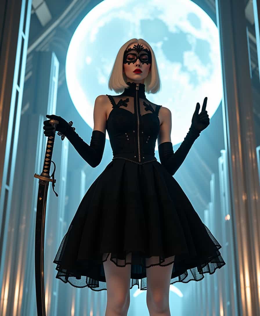 The model, embodying the iconic 2B from the acclaimed game, stands poised with a commanding presence, her posture a perfect blend of elegance and strength. She is clad in a meticulously crafted black gothic lolita dress, its high collar and intricate lace detailing accentuating her slender frame. The dress, with its voluminous skirt and delicate ruffles, flares dramatically around her thighs, while thigh-high white stockings cling to her legs, leading to sleek, heeled boots that add an air of authority. Her platinum blonde bob, styled with precision, frames her face, partially obscured by a delicate black lace blindfold that adds an air of mystery and allure. Her lips, painted a deep crimson, contrast starkly against her porcelain skin, while her gloved hands rest on the hilt of a gleaming katana, hinting at her dual nature of beauty and danger.

The backdrop is a surreal blend of futuristic and ethereal elements, with towering metallic structures bathed in the soft glow of an artificial moon. The lighting is a masterful interplay of shadows and highlights, casting a silvery sheen across the scene that enhances the otherworldly atmosphere. The ambient light reflects off the metallic surfaces, creating a dance of reflections that envelops the model in a halo of luminescence, while subtle spotlights accentuate the contours of her attire and the sharpness of her weapon.

Technical Photographic Information: Captured with a 50mm lens, the photograph boasts a shallow depth of field, drawing the viewer's focus sharply onto the model while the background blurs into a dreamy bokeh. The high-resolution image captures every detail with crystal clarity, from the texture of the lace to the sheen of the katana, creating a captivating visual narrative that is both fantastical and fashion-forward.