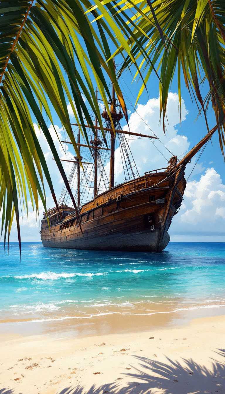 day Atmosphere, oil painting, sunshine, translucent, cinematic, trending on ArtStation, a view from the Tahiti beach, we look through palm leafs and see a very giant old wooden wrack ship, masterpiece, award winning,