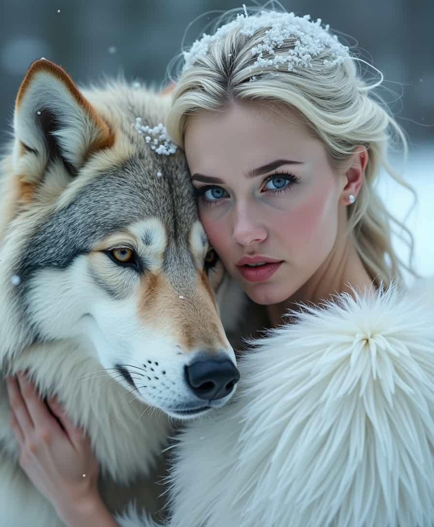 Generate a cinematic close-up 4K portrait of a snow queen dressed in white fur, her hand resting against the head of a majestic wolf. The wolf’s piercing eyes should be looking directly into the camera, its fur detailed and soft, with snowflakes gently landing on both the queen and the wolf. The background should blur into a snowy landscape, allowing the bond between the queen and her wolf to take center stage.