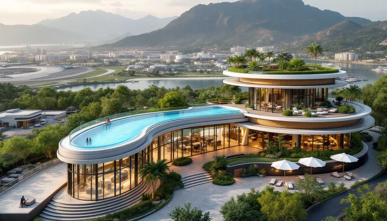 Modern Luxury Resort with Infinity Pool, Set Against a Mountainous Landscape