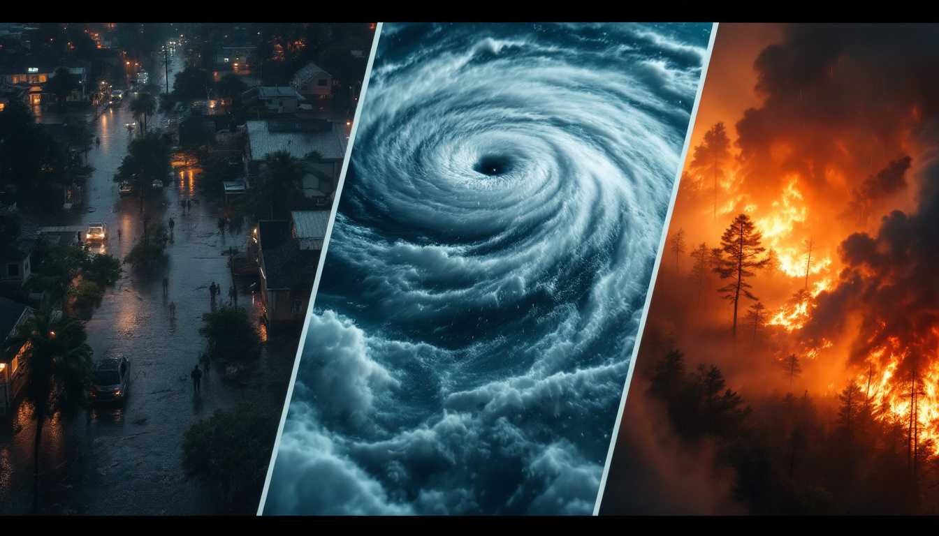 High-resolution, cinematic images of various climate disasters, including intense flooding, hurricanes, and wildfires, captured with Blackmagic 6K settings for detailed realism and depth. The scenes show homes partially submerged in floodwaters, streets turned into rivers with strong currents, and people evacuating with urgency. In another frame, a hurricane whirls violently, with dark, swirling clouds and flashes of lightning illuminating the eye of the storm, while trees bend against powerful winds. The final scene shows a massive wildfire consuming a forest, with towering flames casting an eerie orange glow and dense smoke filling the air. The Blackmagic settings capture fine details, such as debris floating in floodwaters, rain-soaked textures, embers drifting through the smoke, and the jagged lightning in the hurricane. A subtle bokeh effect blurs the distant chaos, focusing sharply on the devastation in the foreground, creating a vivid, immersive portrayal of nature’s overwhelming force.