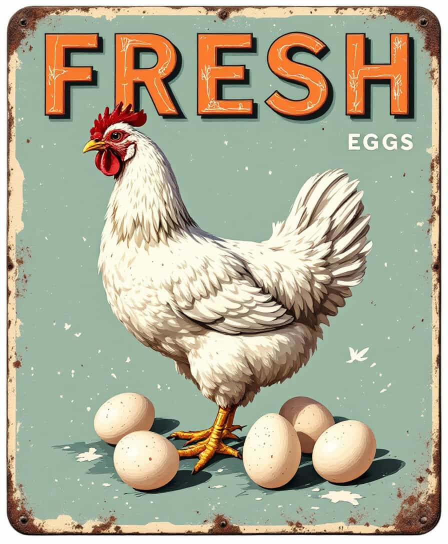 Vintage metal sign, retro style weathered, text "FRESH EGGS", images of a chicken and eggs, 1950s style metal sign, fill the whole area