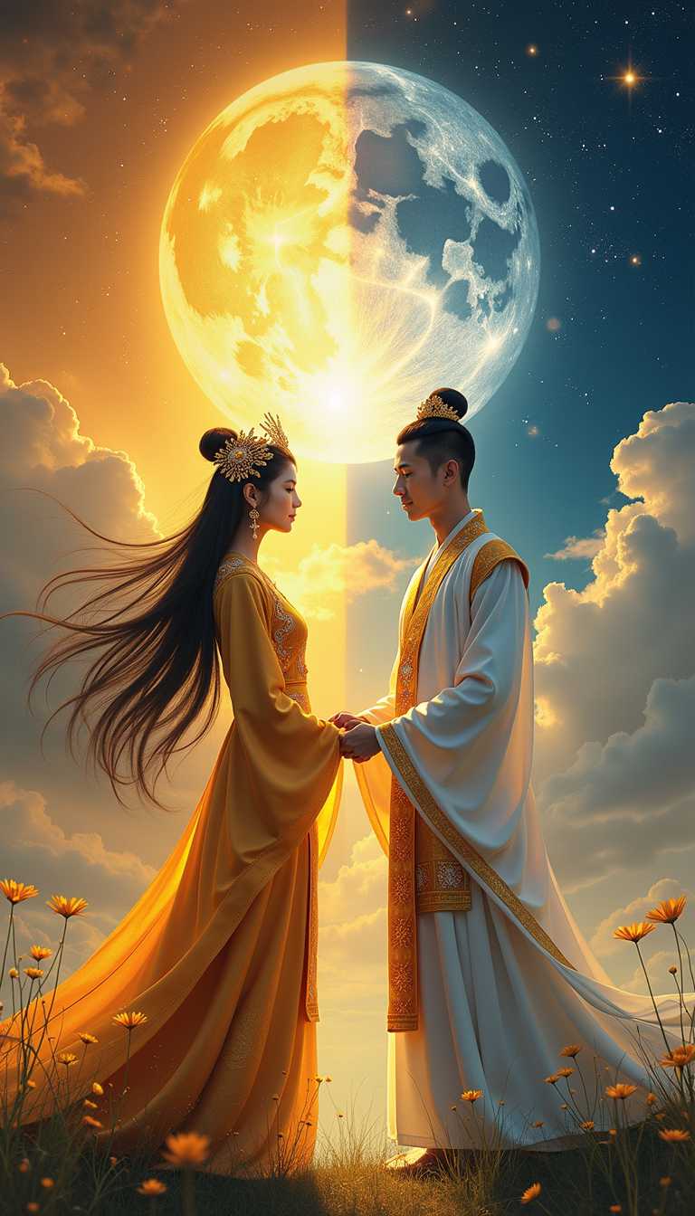 A majestic scene of the Hmong sun goddess and moon god standing face-to-face, gently holding hands. The sun goddess, with her fair skin and long, flowing black hair, radiates warm golden light. She wears traditional Hmong attire adorned with intricate golden patterns that shimmer like the rays of the sun. The moon god, pale-skinned, short black hair, stands opposite her, his attire reflecting silver and blue hues, adorned with patterns that glimmer like starlight. They stand in perfect harmony, their hands clasped as the warm light of the sun goddess blends with the cool, serene glow of the moon god. Surrounding them is a balanced landscape, with one half bathed in sunlight and the other under the calm light of the moon and stars, symbolizing the unity of day and night. The atmosphere is peaceful and powerful, as they embody the divine balance of sun and moon, light and darkness.