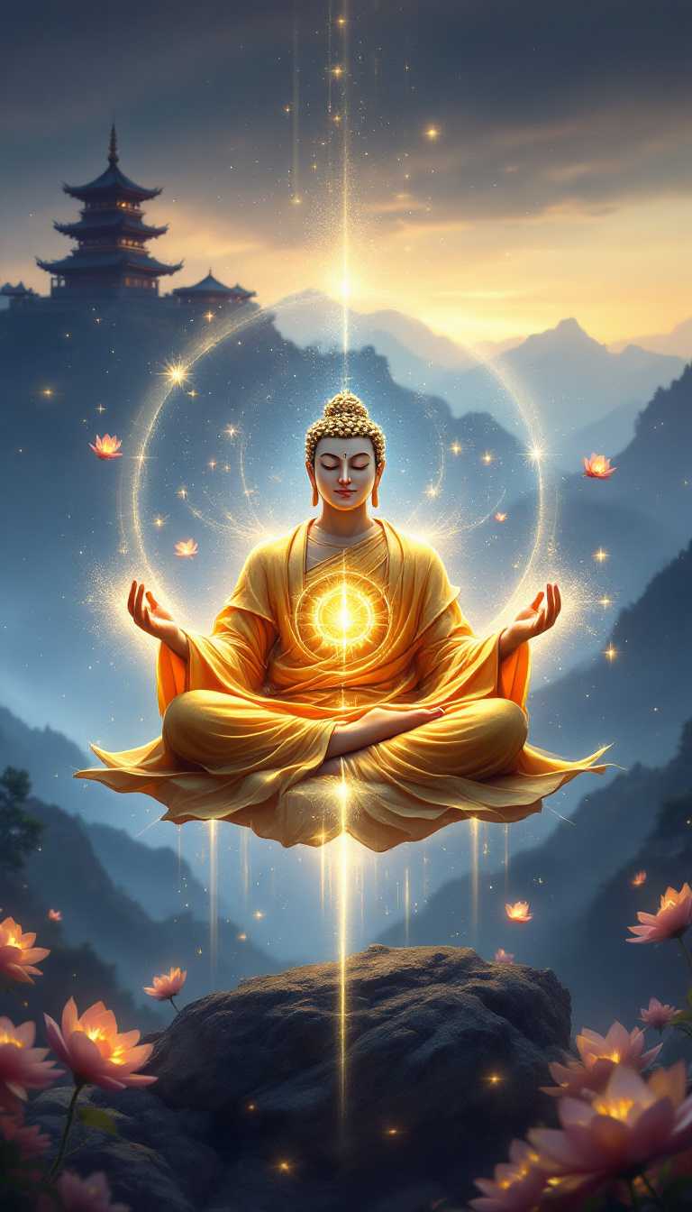 Buddhist Bodhisattvas (Buddhism)Prompt:A calm and serene superhero figure, seated in a meditative lotus position, floating just above the ground. His golden robes shimmer with a soft, ethereal glow, and his peaceful face is illuminated by a gentle inner light. Surrounding him are floating lotus petals, sparkling in mid-air, while beams of soft golden light extend from his hands, touching everything around him with peace and wisdom. In the background, a peaceful temple sits on a mountaintop, with the sky transitioning from night to dawn. The air sparkles with tiny motes of energy, and faint thunder rolls in the distance, echoing through the calm valleys.