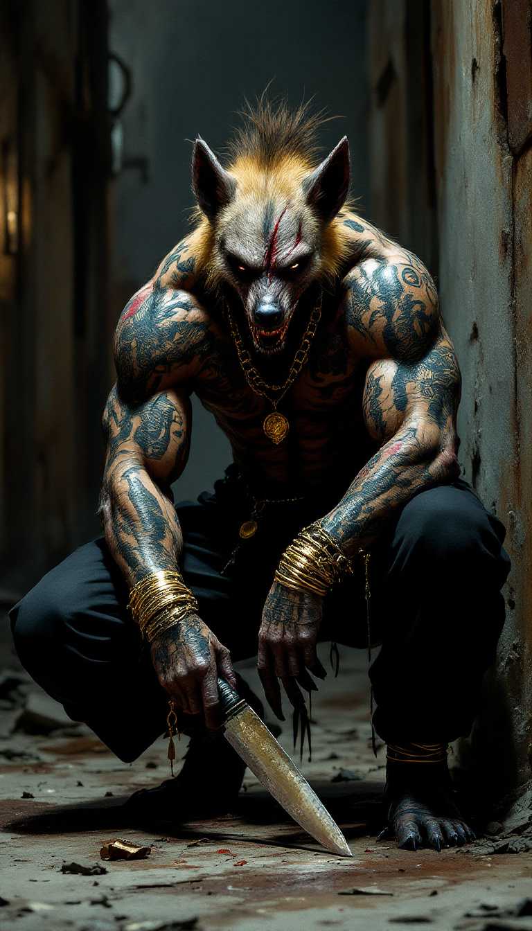 An anthropomorphic hyena with a muscular build, wearing black dress pants and covered in spotted fur and intricate irezumi tattoos. He crouches in a dilapidated factory at night, holding a sashimi knife in his hand. His scarred body, including a deep cut over one eye, adds to his brutal and violent appearance. Gold jewelry, including thick bracelets and a necklace, contrasts with his rugged, scarred body. The dim, eerie light of the abandoned factory enhances the sense of danger surrounding him.