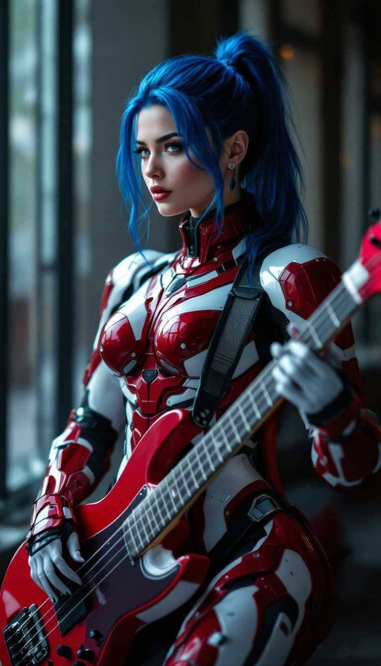 beauty woman, blue hair, ponytail, wear red, white and black tech armor, metal hard surface, hold red keytar with white piano button, sleek design, shard clean line, digital art, contrast colour