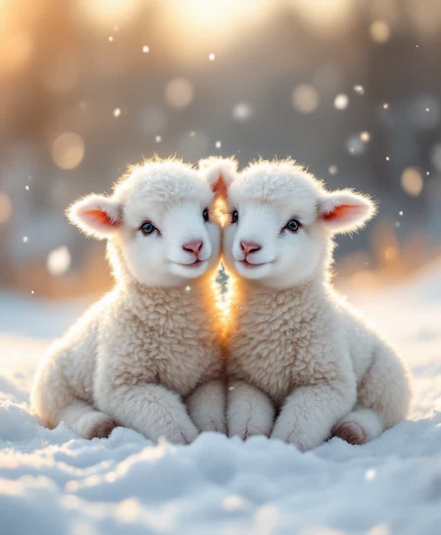Two fluffy white lambs sit side by side in the soft, powdery snow, their wool gently puffing up against the cold. The scene is set in a serene winter landscape, with delicate snowflakes falling gently from the sky. The warm glow of the setting sun casts a soft, amber light over the snow-covered ground, creating a peaceful and magical winter atmosphere