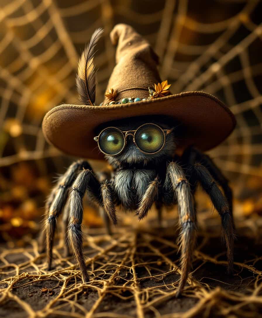 Halloween Wizard Spider with Magnifying Glass and Witchs Hat
