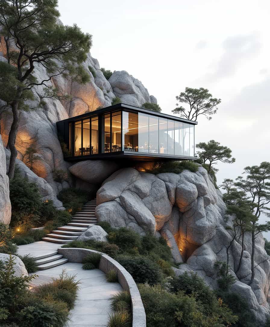 Design a contemporary home with a rectangular, glazed structure that resembles an ultra-realistic architectural marvel atop a gently sloping rocky hill, blending urban sophistication with nature. The scene captures a harmonious balance between creativity and futuristic innovation, inviting you to explore new gastronomic frontiers in an environment that feels timeless and otherworldly that embodies a vision of a future where warmth and comfort meet contemporary design, making -a perfect retreat for adventures.