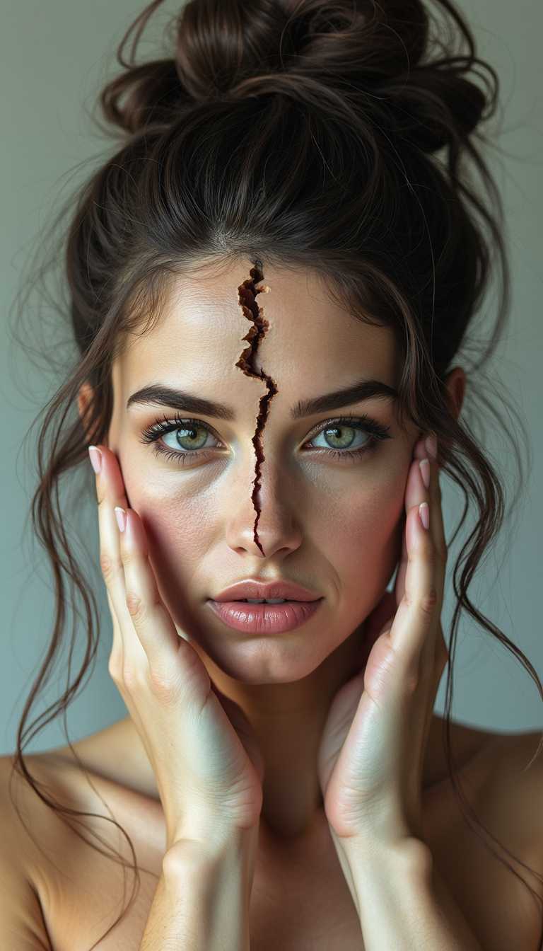 Create a highly detailed image of a stunning woman with a captivating, faraway gaze with her hands caressing her hair. She has thick, wavy hair styled in a high bun. Her hands are gently caressing the bun in a sensual manner. The woman’s right side is perfectly normal, but the left side of her body and face is cracked, with deep, visible fissures. The cracks should reveal a hollow space underneath, giving a surreal effect. Ensure the image is tasteful, artistic, and visually striking, avoiding any sensitive or inappropriate content.