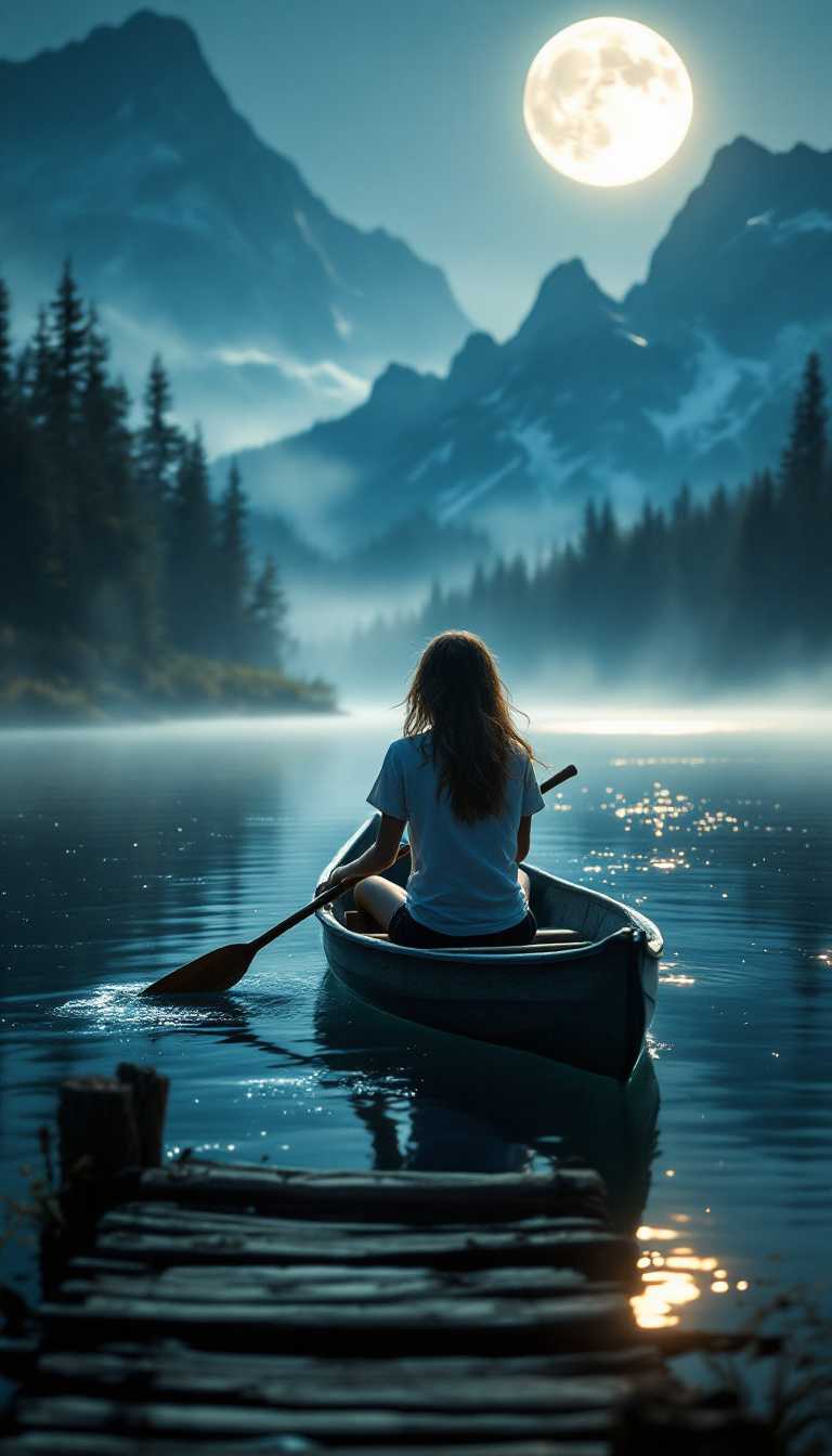 The image captures a serene night scene featuring a young teen girl in a rowboat, gently gliding across a tranquil lake. Her medium light brown hair cascades softly around her face, illuminated by the ethereal glow of the full moon above, which casts shimmering reflections on the water's surface. Dressed in a simple white tee shirt and black shorts, she embodies a sense of youthful freedom and adventure amidst the enchanting setting. 

The composition is framed with the majestic mountains rising in the background, their silhouettes softened by a light fog that blankets the lake, enhancing the dreamlike quality of the scene. A lush pine forest lines the shore, creating a natural boundary that draws the viewer's eye towards the horizon. In the foreground, an old wooden pier juts out into the water, inviting contemplation and adding depth to the visual narrative. The overall lighting is soft and atmospheric, evoking a sense of calm and mystery, characteristic of fantasy photography. This captivating portrayal melds elements of nature and portraiture, immersing the viewer in a tranquil yet adventurous moment under a starry sky.