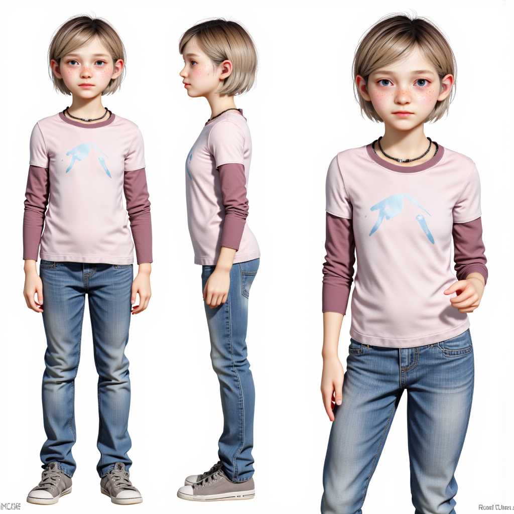DesignSheetQuiron, character design sheet multiple views, Sarah Miller, view of Sarah Miller from Last of Us part 1, short girl, petite, 11 years old, flat chest, blonde short hair, light blue eyes, freckles, necklace, faded pink long sleeve shirt, blue jeans. 