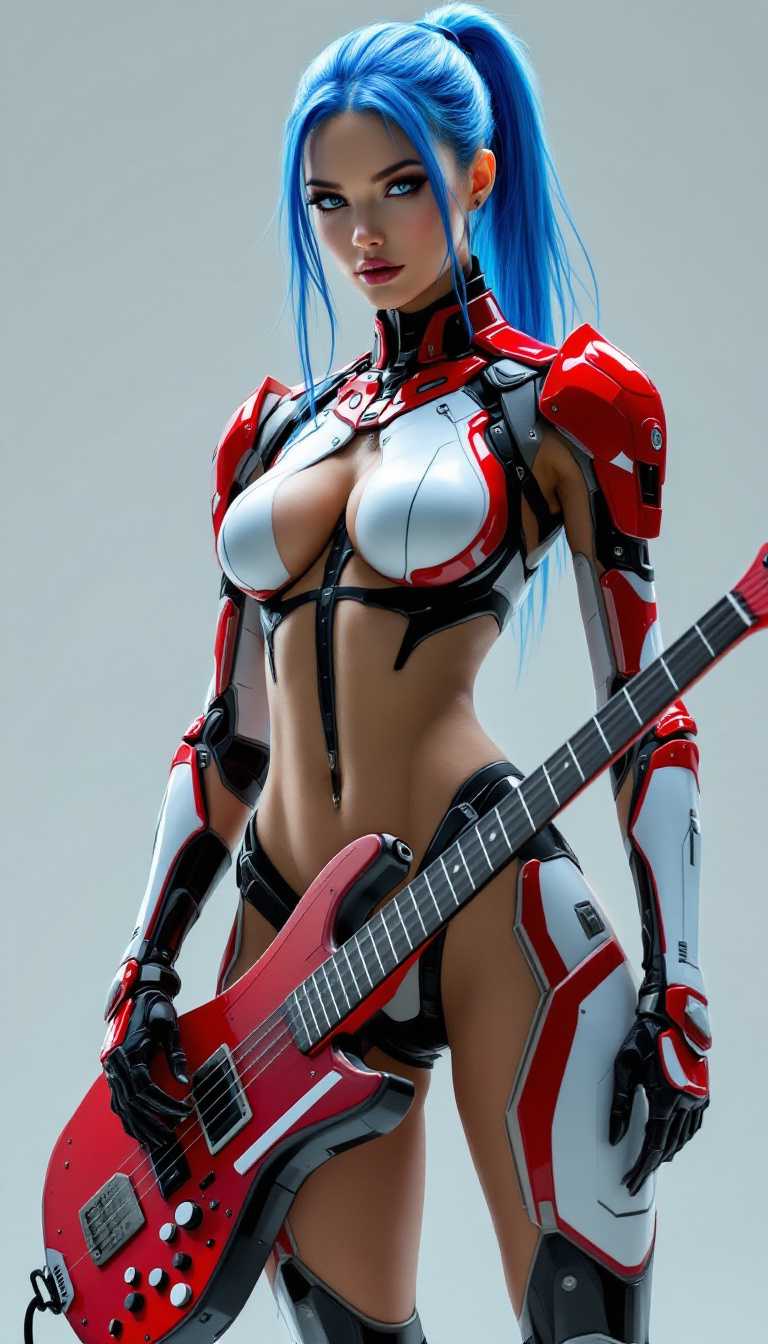 beauty full body woman, blue hair, ponytail, wear red, white and black tech bikini armor, metal hard surface, hold red keytar with white piano button, sleek design, shard clean line, digital art, contrast colour