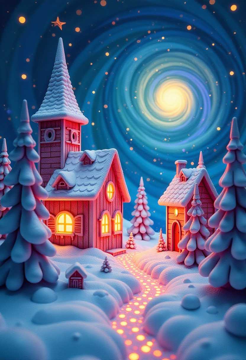 This image features simplified 3d characters and scenery that appears to be painted wooden figures or puppets without strings characterized by bold outlines, flat colors, and exaggerated shapes. A captivating rendition of a glowing transparent glass Mandelbrot fractal transformed into the likeness of a snowy alpine village. The background is a deep, swirling vortex of colors, creating a sense of depth and dimension. The overall impression is both playful and mesmerizing, inviting viewers to explore the endless complexities of the fractal.
