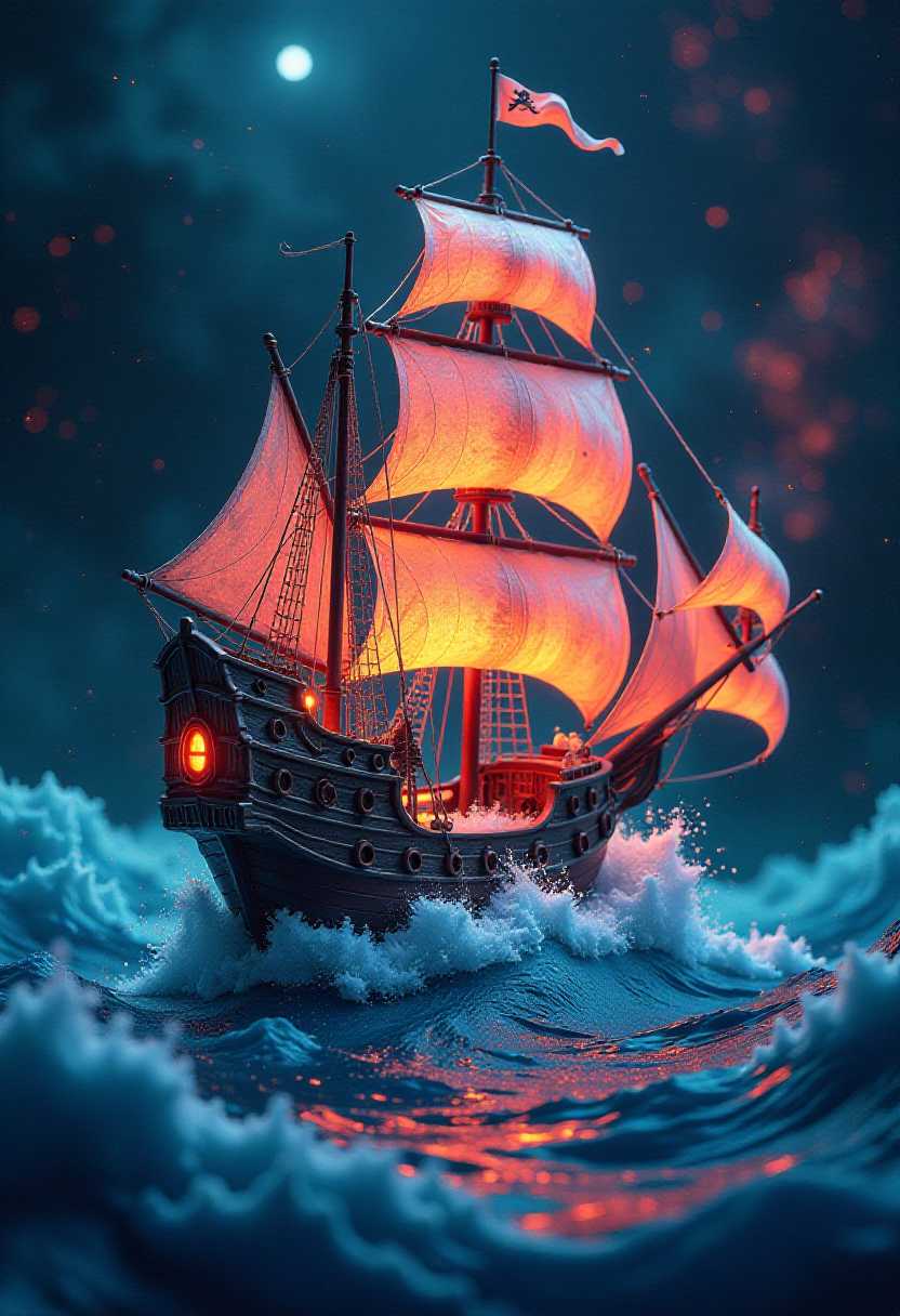This image features simplified 3d characters and scenery that appears to be painted wooden figures or puppets without strings characterized by bold outlines, flat colors, and exaggerated shapes. A captivating rendition of a glowing transparent glass Mandelbrot fractal transformed into the likeness of a pirate ship in a violent ocean storm The background is a deep, swirling vortex of colors, creating a sense of depth and dimension. The overall impression is both playful and mesmerizing, inviting viewers to explore the endless complexities of the fractal.
