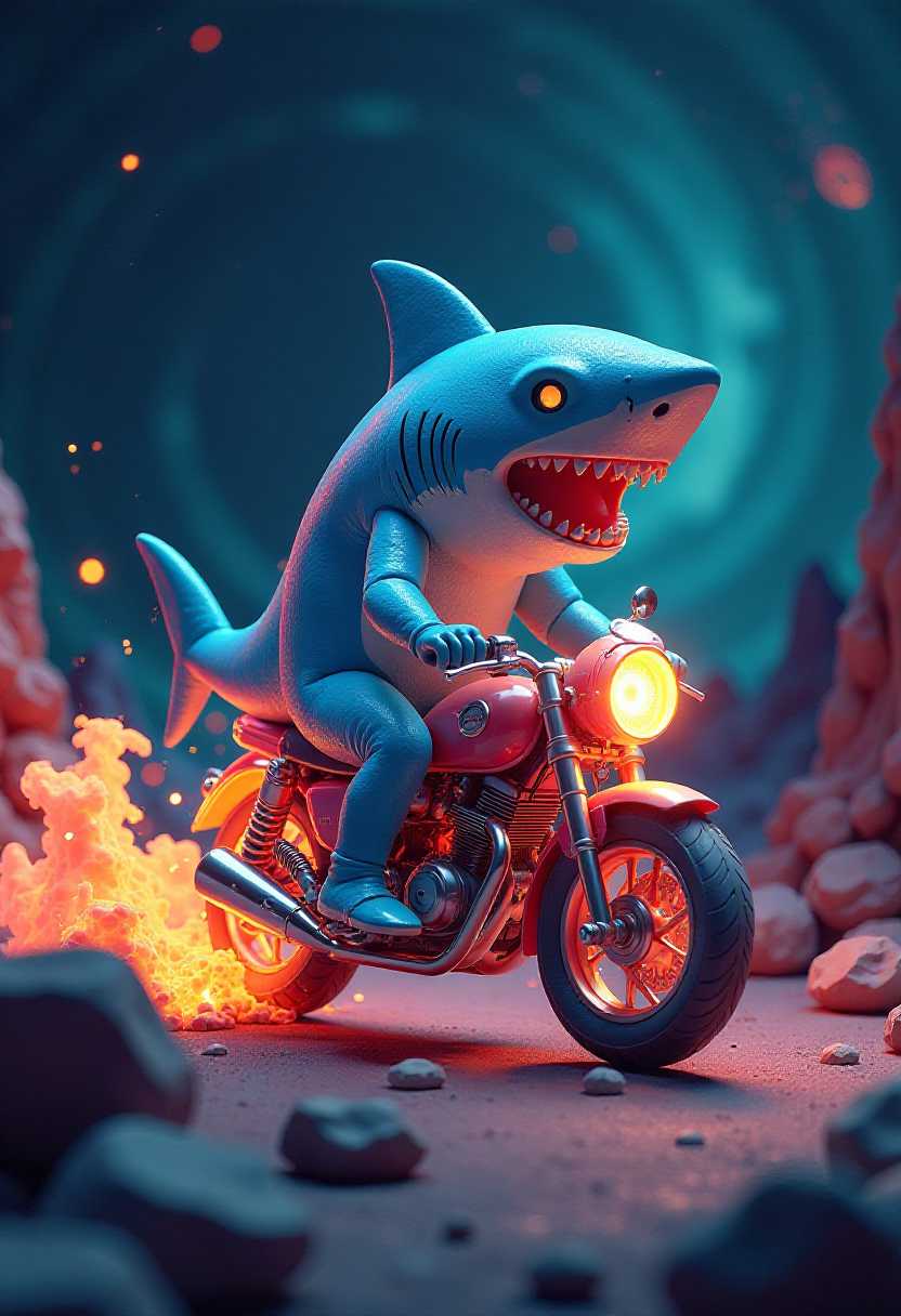 This image features simplified 3d characters and scenery that appears to be painted wooden figures or puppets without strings characterized by bold outlines, flat colors, and exaggerated shapes. A captivating rendition of a glowing transparent glass Mandelbrot fractal transformed into the likeness of a cartoon shark riding a motorcycle.The background is a deep, swirling vortex of colors, creating a sense of depth and dimension. The overall impression is both playful and mesmerizing, inviting viewers to explore the endless complexities of the fractal.
