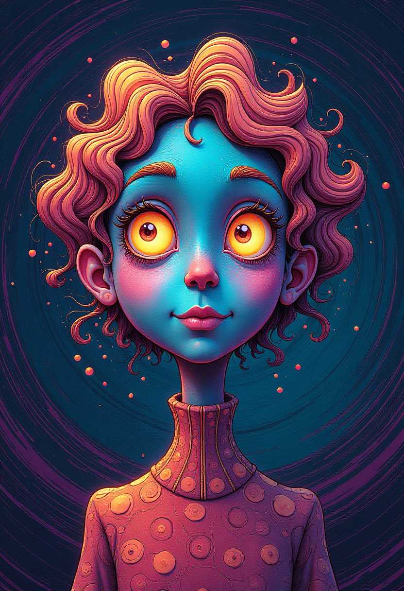 This image features simplified scenery that appears to be painted wood characterized by bold outlines, flat colors, and exaggerated shapes. A captivating rendition of a glowing transparent glass Mandelbrot fractal transformed into the likeness of a surrealist cartoon portrait painting. The background is a deep, swirling vortex of colors, creating a sense of depth and dimension. The overall impression is both playful and mesmerizing, inviting viewers to explore the endless complexities of the fractal.
