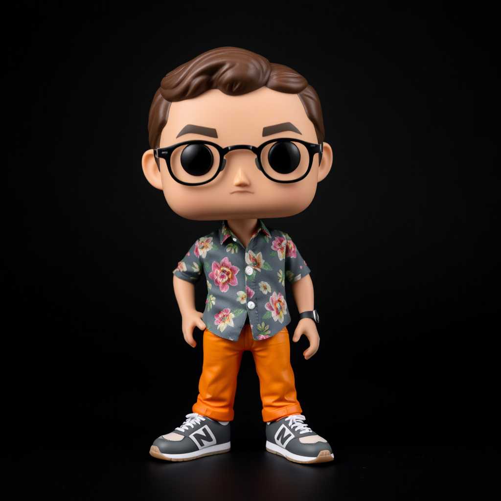 VincentD with floral shirt, orange pants and new balance shoes as a Funkipop figurine, black background photography studio