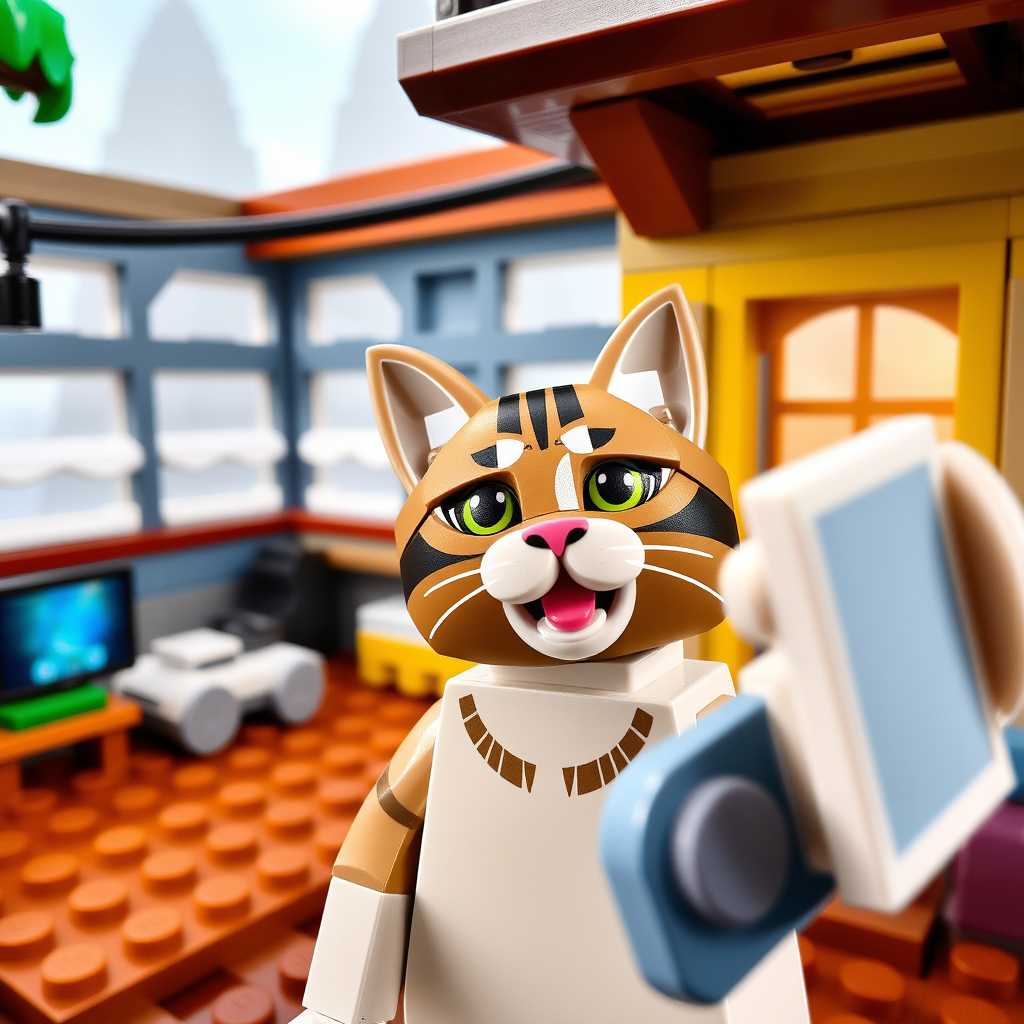 , lego scene , lego scenery, a cat having a selfie in a video game