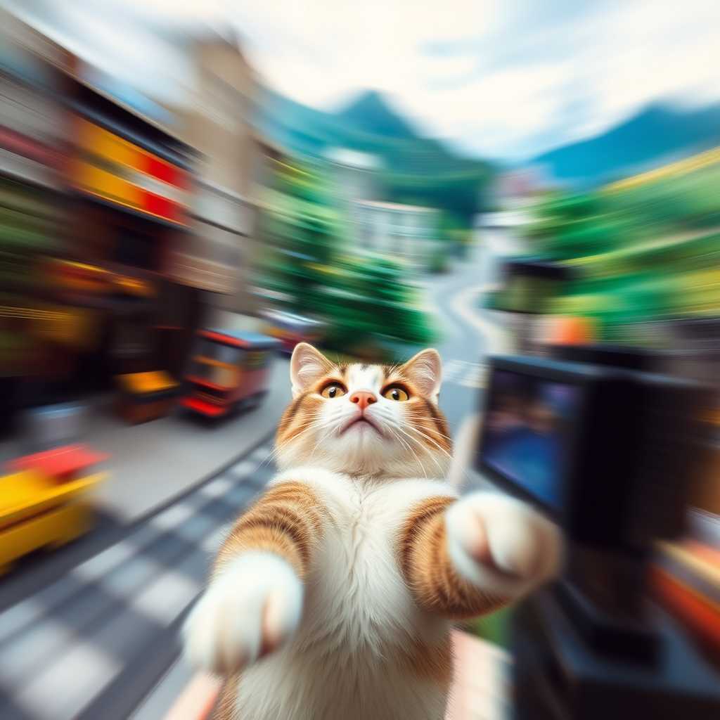  Motion blur, lego scene , lego scenery, a cat having a selfie in a video game