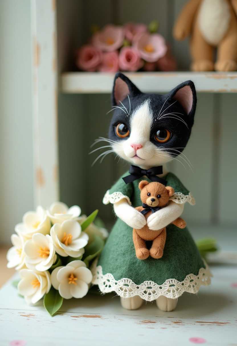 Adorable Kitty in Dress with Teddy Bear and Flowers