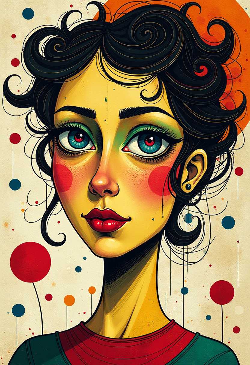 an abstract art piece that appears to be a portrait of a woman's face. The face is made up of various colors and shapes, including red, yellow, green, blue, and black. The woman's eye is large and blue, with a red iris in the center. Her hair is styled in a messy, abstract manner, with swirls and curves. The background is filled with various shapes and patterns, including circles, squares, and rectangles. The overall style of the image is chaotic and chaotic, with bright colors and bold lines.