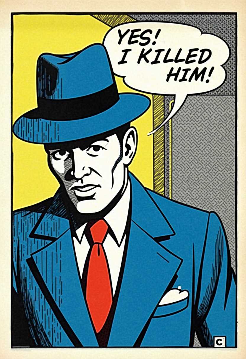 This image is a vintage comic strip panel, characterized by its bold, graphic art style. The medium appears to be ink on paper, with a high contrast between the black outlines and the colored areas, which is typical of the comic book genre.The colors are limited but impactful, with a predominance of blues, blacks, and whites, punctuated by the bright red of the tie. The blue of the suit and hat gives the character a somewhat mysterious or cool demeanor, while the red tie adds a pop of color that draws the eye and suggests a hint of personality or importance.The objects in the image are quite minimalistic but convey a sense of narrative. The character is wearing a classic fedora hat, which is often associated with mystery or crime in comics. The suit and tie indicate a formal or professional setting. The speech bubble contains the text YES! I KILLED HIM!, which suggests a moment of revelation or confession, adding a dramatic element to the scene.The overall composition of the panel is straightforward, with the character taking up most of the space, and the speech bubble placed off to the side, allowing the readers focus to remain on the character and the text. The art style and the text together create a sense of suspense and potential for further narrative development.