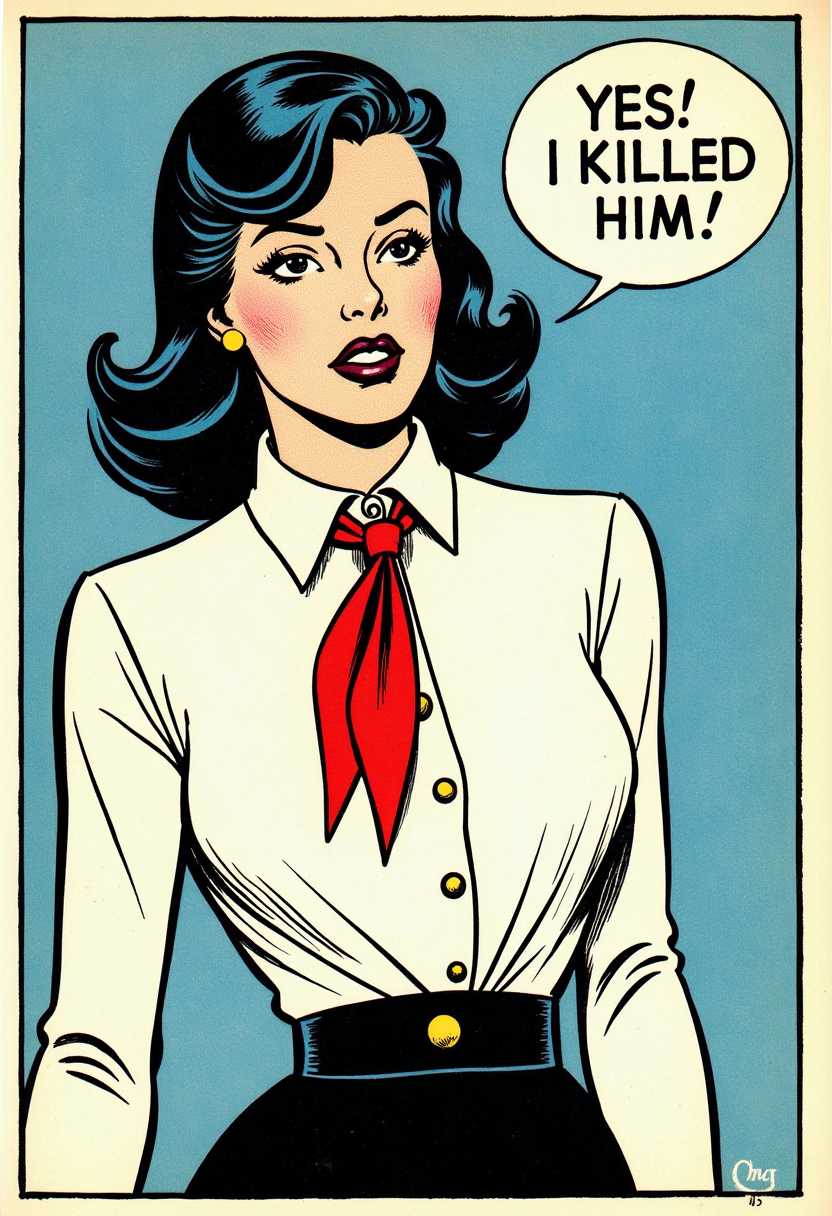 a photo of cm5, This image is a vintage comic strip panel, characterized by its bold, graphic art style. The medium appears to be ink on paper, with a high contrast between the black outlines and the colored areas, which is typical of the comic book genre.The colors are limited but impactful, with a predominance of blues, blacks, and whites, punctuated by the bright red of the scarf. The woman in the image is wearing a white, highneck blouse with a fitted bodice and three gold buttons down the front. The blouse has a classic, tailored look, suggesting a formal or professional setting. She also wears a red scarf tied around her neck, which adds a touch of elegance and suggests a sense of style or attention to detaill demeanor. The speech bubble contains the text YES! I KILLED HIM!, which suggests a moment of revelation or confession, adding a dramatic element to the scene.The overall composition of the panel is straightforward, with the character taking up most of the space, and the speech bubble placed off to the side, allowing the readers focus to remain on the character and the text. The art style and the text together create a sense of suspense and potential for further narrative development.