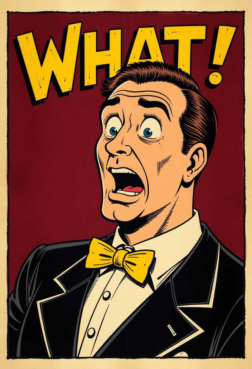 This image is a vintage comic strip panel, featuring a character with a surprised or shocked expression. The art style is reminiscent of the classic American comic strips from the mid20th century, with bold lines, flat colors, and a clear, exaggerated form that is characteristic of the era.The medium appears to be ink on paper, with the text and the outlines of the character and background being drawn with black ink. The colors are limited, with the characters skin tone being a light flesh color, the hair a dark brown, and the background a deep maroon. The text WHAT! is in a contrasting yellow color, which stands out against the darker background.The character is wearing a black suit with a white shirt and a yellow bow tie. The suit is detailed with a pattern of small dots, and the lapels are slightly raised, giving the impression of movement or a breeze. The characters eyes are wide open, and the eyebrows are raised, conveying a sense of surprise or disbelief. The mouth is agape, further emphasizing the shock. The overall effect is a dynamic and expressive portrayal of surprise or astonishment.