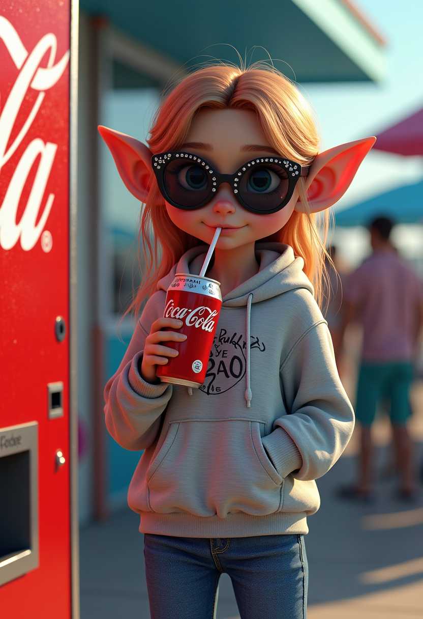 young female troll amphibious Pixar style, wearing blue jeans and a pull-over hoodie on the boardwalk in Wildwood NJ next to a Coca Cola vending machine, she is wearing converse sneakers and black rim sunglasses with rhinestones stones, she is drinking a coke through a straw, this image 4d hd realistic a lot of detail in dreamy epic composition, and daring