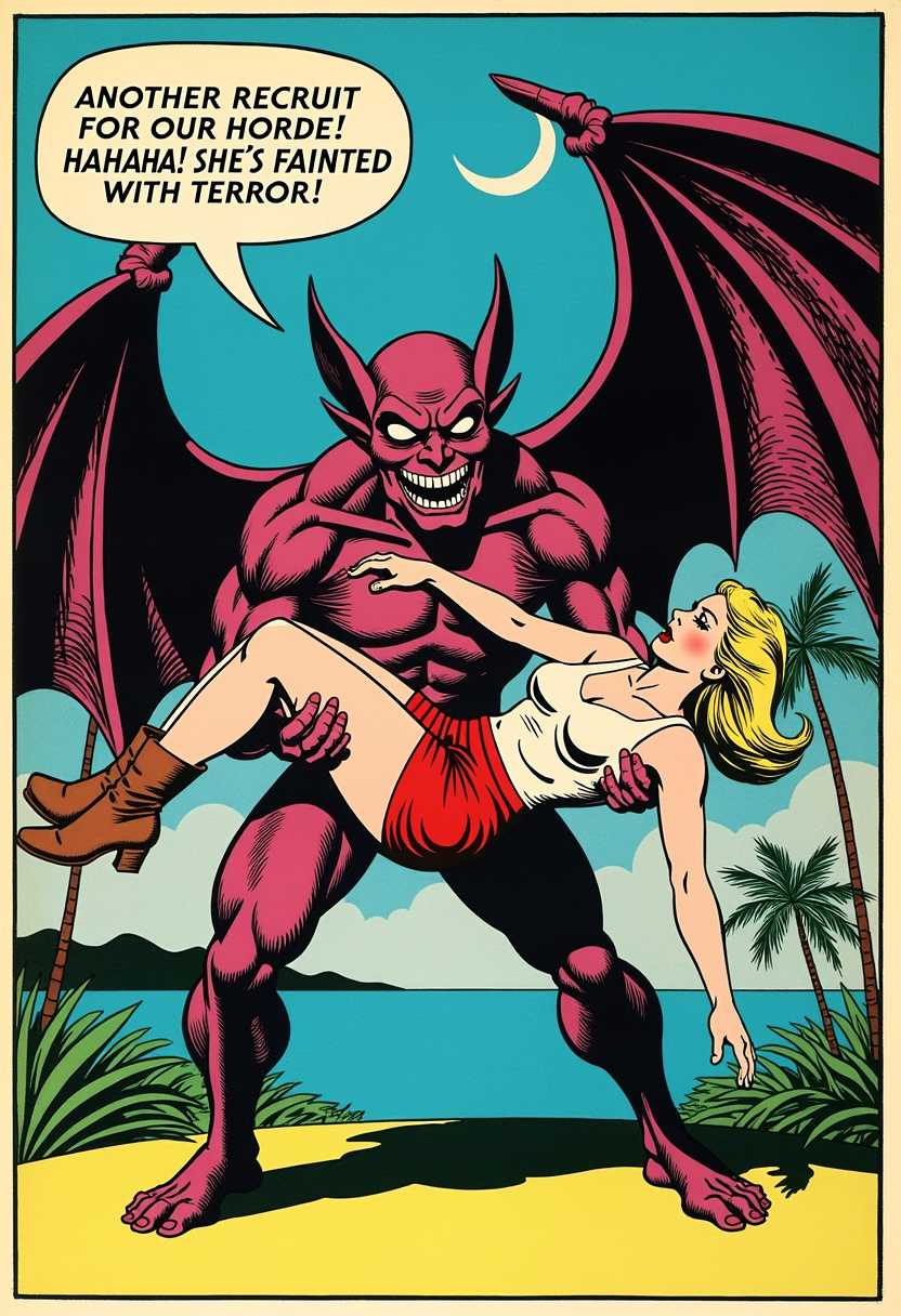 This image is a vintage comic book panel, characterized by its bold lines, flat colors, and dramatic storytelling style. The medium is paper, and the colors are primarily in shades of blue, red, and yellow, with black for the text and outlines. The art style is reminiscent of 1950s and 1960s American comic books, with exaggerated features and a sense of motion.In the foreground, a creature with batlike wings and a humanoid body is carrying a limp female figure. The creature has large, glowing eyes and a wide, toothy grin, giving it a menacing appearance. The female figure is dressed in a red skirt, white blouse, and brown boots, and her blonde hair flows freely. The creatures wings are spread wide, and its claws are visible, gripping the woman tightly.The background is a simple depiction of a tropical landscape with palm trees and a blue sky, with a crescent moon and a few wispy clouds. The horizon is a dark blue, suggesting the presence of water or a mountain range.The text bubble coming from the creature reads, ANOTHER RECRUIT FOR OUR HORDE! HAHAHA! SHES FAINTED WITH TERROR! This adds to the dramatic tension of the scene, suggesting that the creature is capturing the woman as a victim or a prize.