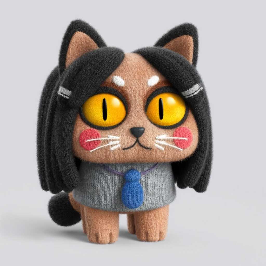 The image is a highly detailed, digital artwork featuring a stylized, anthropomorphic (CHARACTER). (CHARACTER) is depicted with a unique, cube-shaped body., plush, cat
