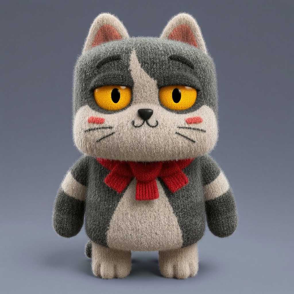 The image is a highly detailed, digital artwork featuring a stylized, anthropomorphic (CHARACTER). (CHARACTER) is depicted with a unique, cube-shaped body., plush, cat