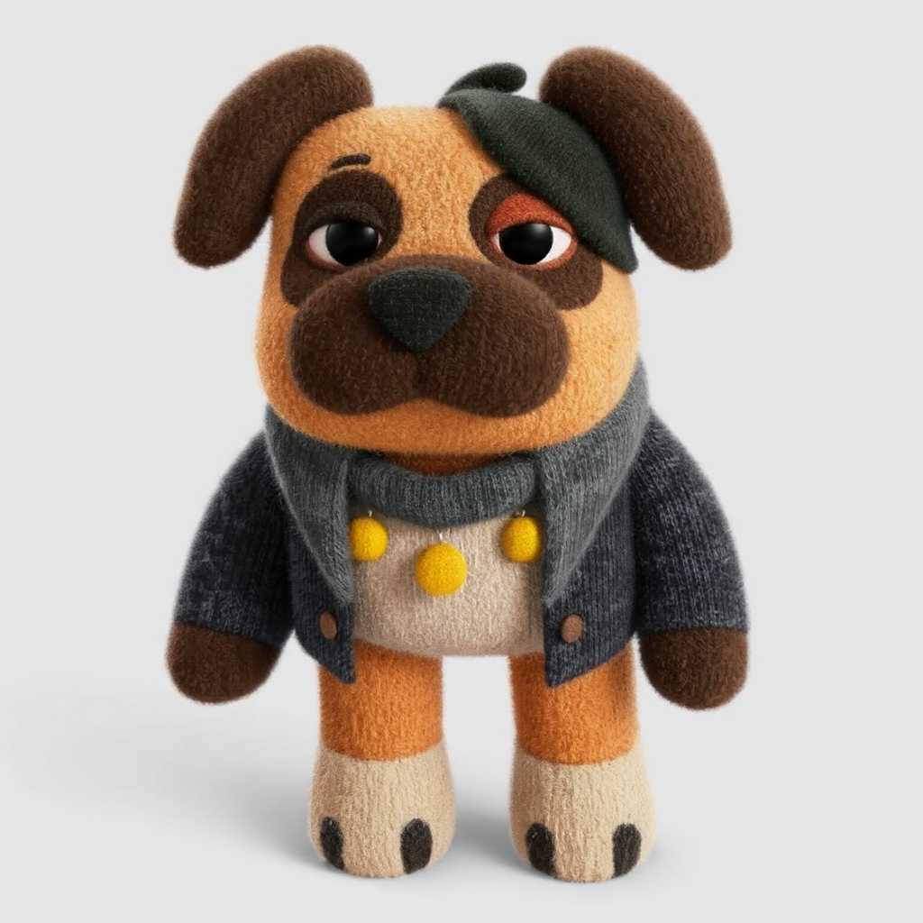 The image is a highly detailed, digital artwork featuring a stylized, anthropomorphic (CHARACTER). (CHARACTER) is depicted with a unique, cube-shaped body., plush, dog
