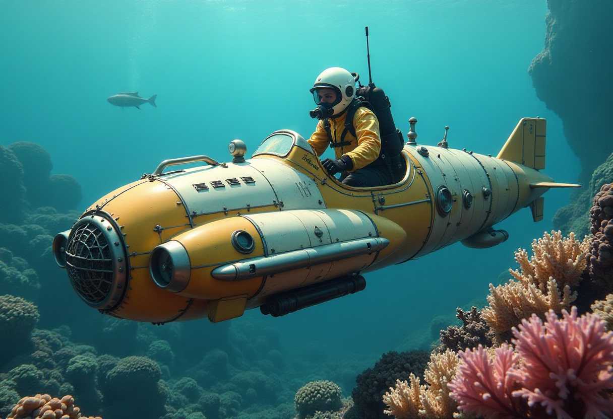 a diver in a retro space suit drives a steampunk retropunk cabriolet submarine that sails around coral reefs.