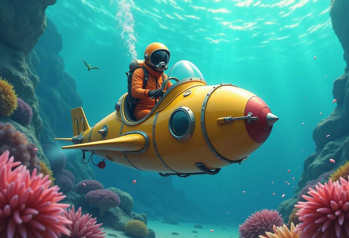 a diver in a retro space suit drives a steampunk retropunk cabriolet submarine that sails around coral reefs, style 1050's disney pixar