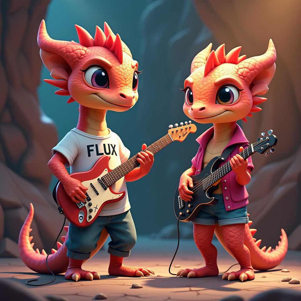 spectacular cartoon cgi. Male and female proportional anthro Beautifully chameleon colored baby dragons. One jamming out on an electric guitar, Wearing a white t-shirt with the word "FLUX" across it. The other baby dragon is a girl with cool rock outfit singing in a microphone.They are on a stage with a rock background.