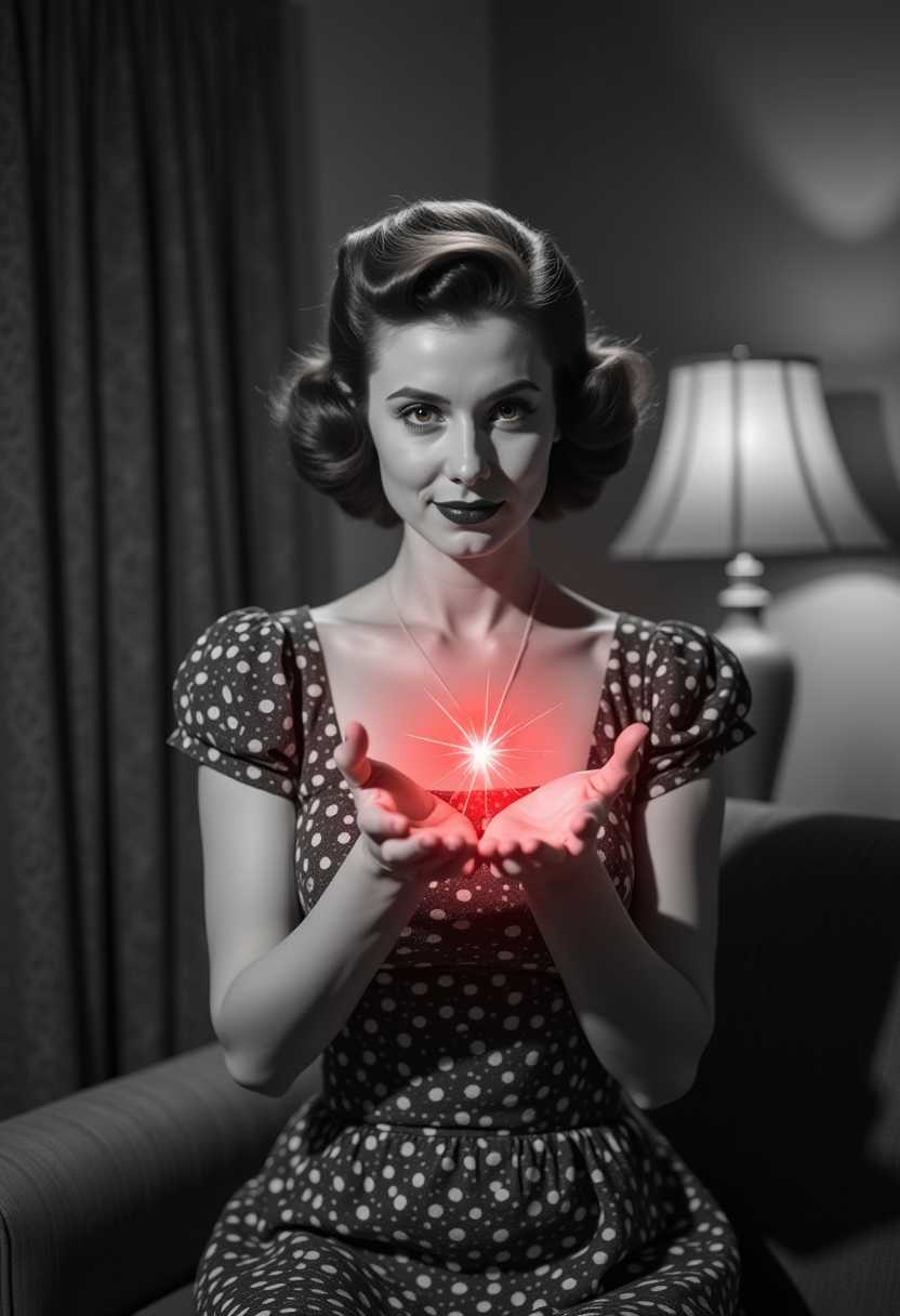 a beautiful housewife, dressed in 1950s attire in a retro 1950s living room. she is radiating magic from her hands. The image is in black and white, like a snippet from a 1950s tv show, except the magic from her hands which is red.