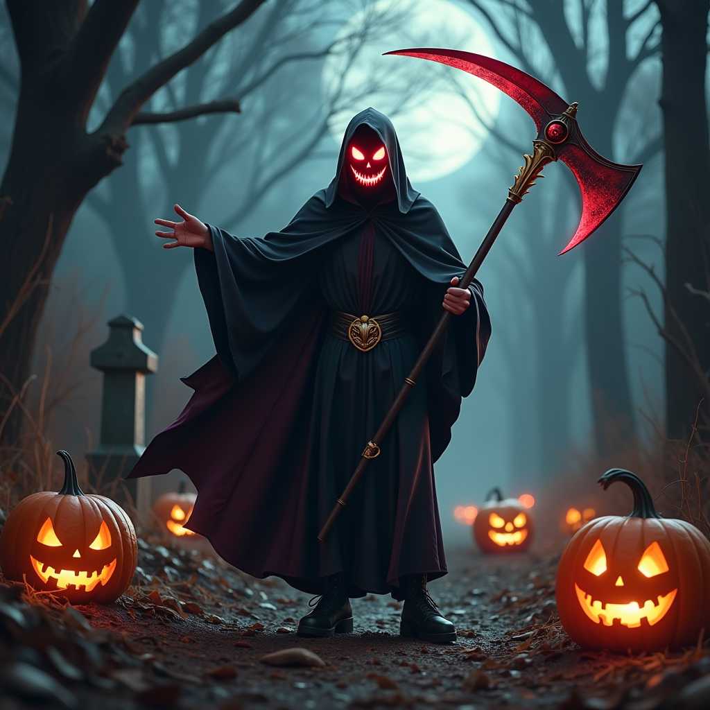 Helloween day, a Grim Reaper with brightly glowing red eyes, wide jagged smile, black Skechers shoes, holding a large futuristic scythe with a handle made of gold, dancing to music, flexible and fun movements. Nighttime background of an abandoned cemetery with glowing pumpkins. Epic cinematic brilliant stunning intricate meticulously detailed dramatic atmospheric maximalist digital matte painting