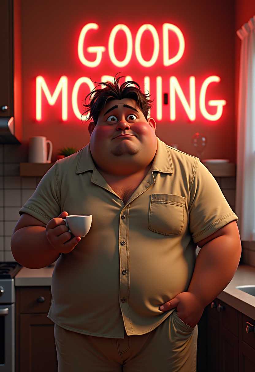 Thick man in pajamas, tired eyes, messy hair, ungroomed face. Holding a cup of coffee in one hand. Text "GOOD MORNING" written flawlessly on the kitchen wall in neon. Whimsical, Disney pixar 3d.
