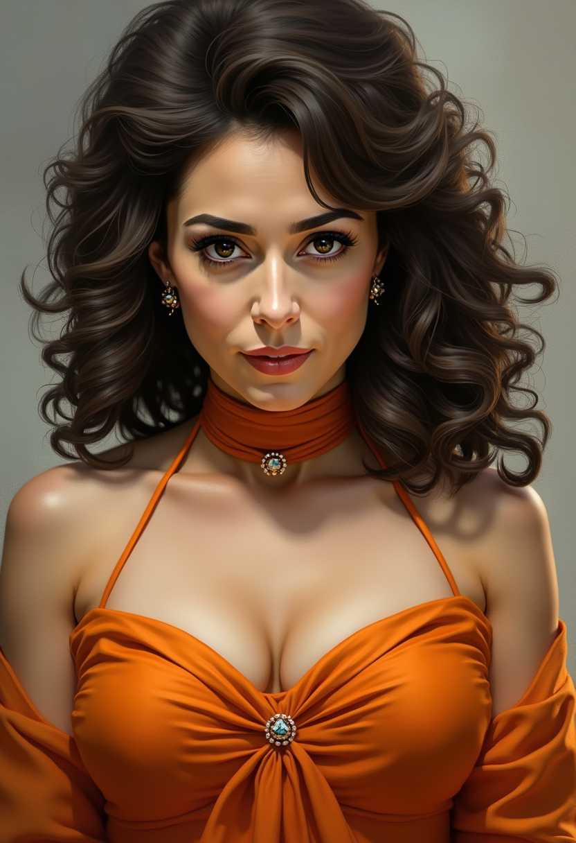 This is an image that appears to be a digital painting, characterized by its smooth gradients, realistic textures, and a high level of detail. The subject of the painting is a woman with a confident and alluring gaze. The woman has voluminous, curly hair that cascades over her shoulders and chest. The hair is rendered with a high level of realism, with individual strands and highlights that catch the light, giving it a lifelike quality. The hair color is a rich, dark brown with lighter highlights, and the curls are depicted with a sense of movement and volume.She is wearing an orange garment that drapes elegantly over her body. The fabric of the dress has a satiny sheen, and the folds and creases are rendered with great attention to detail. The dress has a halter neck strap that ties at the back, and there is a small, ornate brooch or pin on the front. The color of the dress is a bright, warm orange, which stands out against the cooler tones of the background.The womans skin is depicted with a realistic texture and tone, with subtle variations in color and shadow that give it depth. Her makeup is done in a classic style, with defined eyebrows, arched eyeliner, and red lipstick that matches the color of her dress.The background of the painting is abstract and somewhat muted, with a mix of cool and warm tones that blend together to create a sense of depth. There are some brush strokes visible, which add to the paintings texture and give it a slightly impressionistic feel.Overall, the painting is a realistic portrayal of a woman with a sense of style and confidence, rendered with a high level of skill and attention to detail. The use of color and light is masterful, creating a sense of warmth and allure that draws the viewer into the painting.
