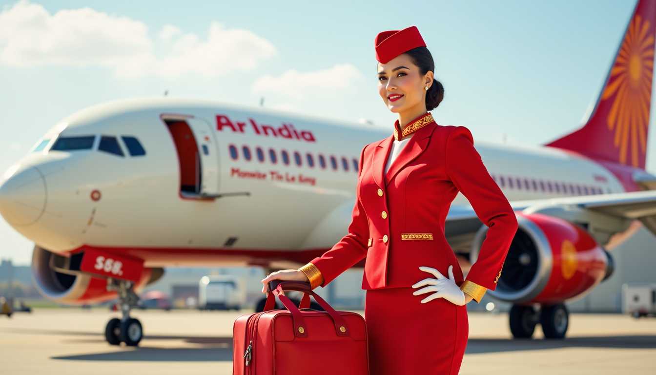 Professional Air India Stewardess in Red Uniform with Suitcase in Front of Airplane