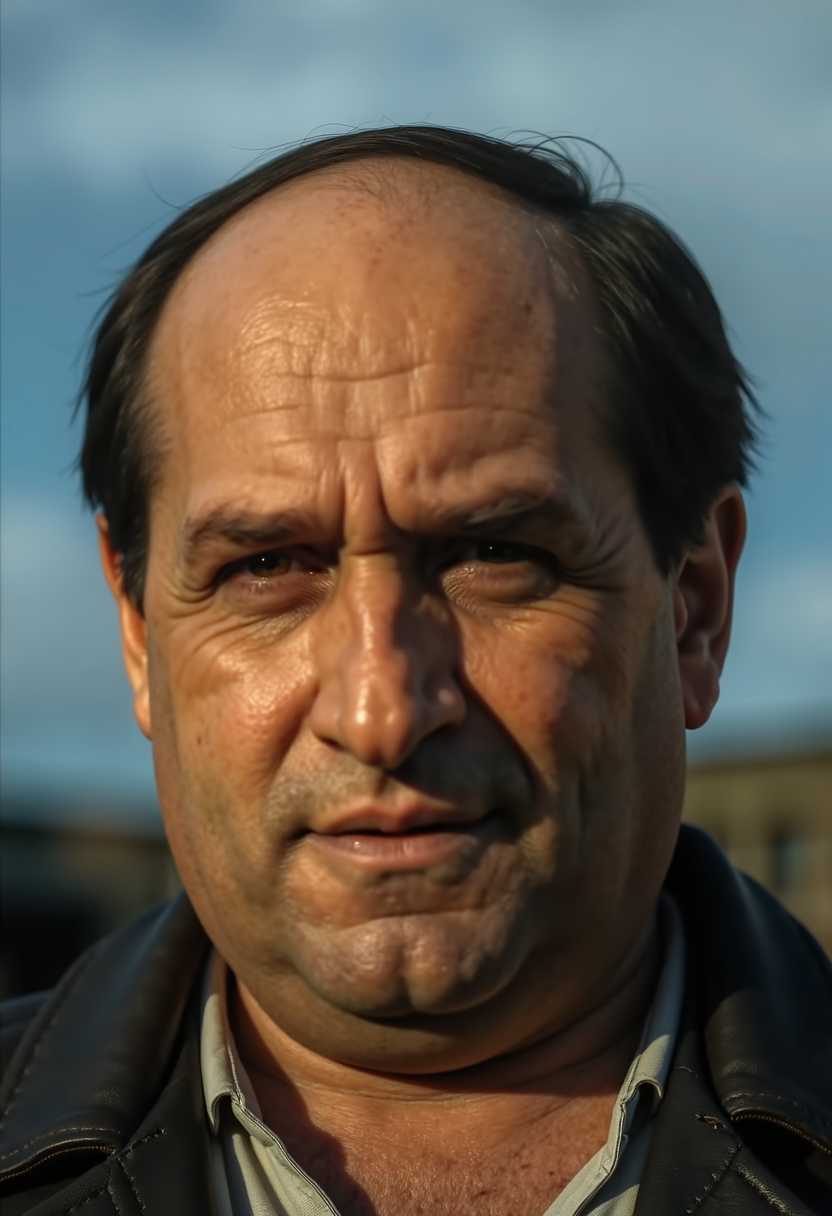 This image appears to be a closeup portrait of a person, focusing on the upper torso and head. The art style is realistic with a cinematic quality, suggesting it could be a still from a film or a highquality photograph. The medium is not specified, but the sharpness and clarity of the image suggest it could be a digital creation.The colors in the image are quite muted, with a predominance of earthy tones. The sky in the background is a soft blue, which contrasts with the darker, browner hues of the persons clothing and the blurred background. The lighting in the image is natural, with shadows cast on the subjects face, indicating a daytime setting. The highlights on the subjects skin are warm, while the shadows are cooler, which adds depth to the image.The subject is wearing a dark, possibly black, jacket with a collar that is visible at the top of the image. The jacket has a slightly textured appearance, which is emphasized by the lighting. The person is also wearing a white shirt underneath, which is visible at the neckline and collarbone area. The shirt appears to be plain and unadorned, contributing to the overall simplicity of the subjects attire.The blurred background behind the subject is indistinct, but it seems to be an outdoor setting with architectural elements, possibly a building or a structure, given the vertical lines and shapes that can be seen. The focus on the subject and the soft blur on the background create a sense of depth and draw the viewers attention to the subjects expression and posture.Overall, the image conveys a sense of calm and introspection, with a focus on the subjects facial expression and the textures of their clothing. The art style and medium, along with the choice of colors and lighting, contribute to the cinematic and realistic quality of the portrait.