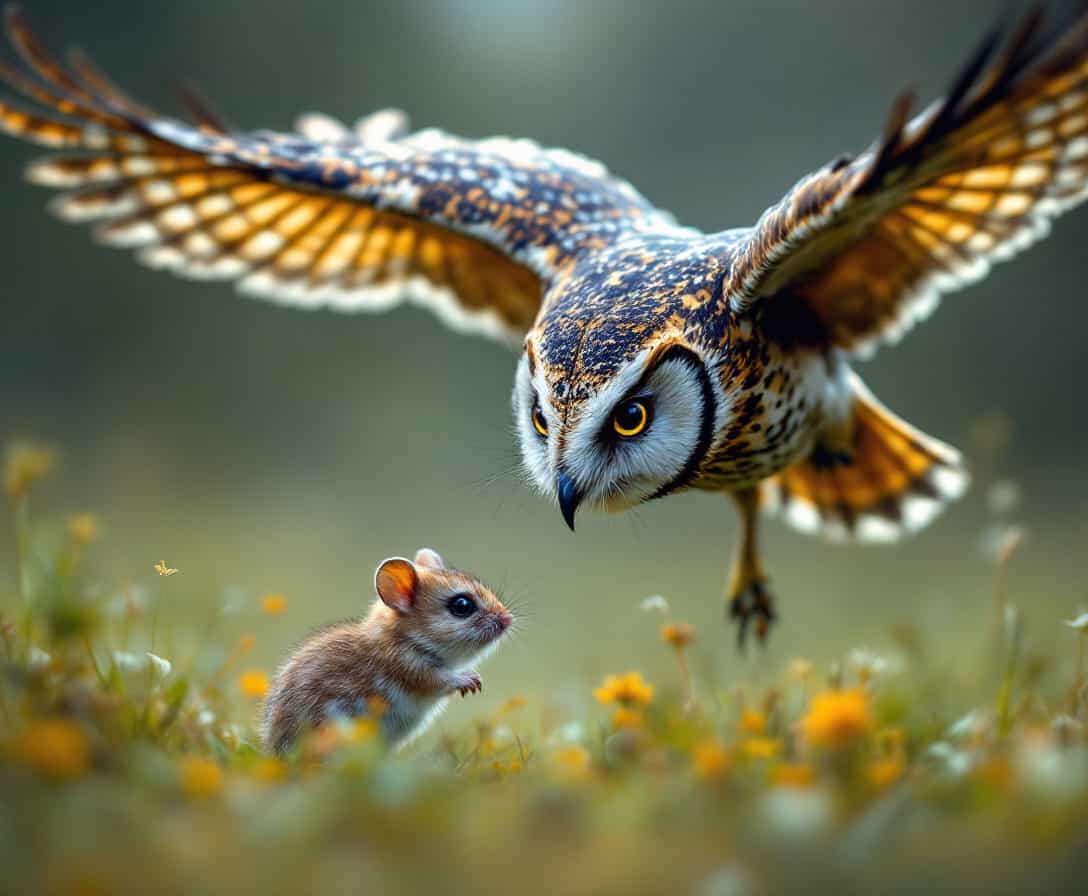 A bird of prey, possibly a hawk, is flying over a field with a mouse below