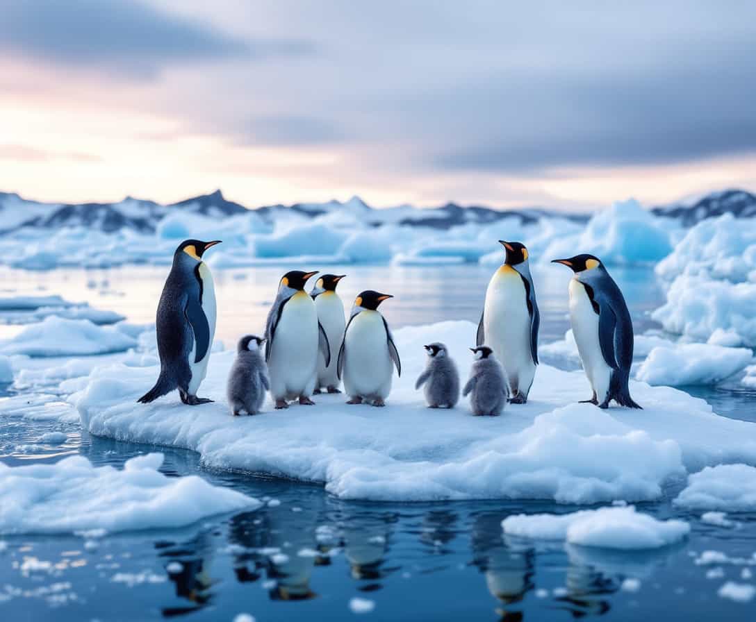 hyper detailed photo of penguin family on an ice floe in Antarctic sea
